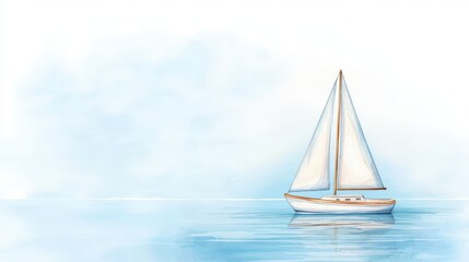 Fototapeta premium Dreamy Watercolor of a Sailing Boat on a Peaceful Sea Under a Bright Sky