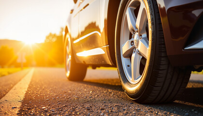 Summer tires reflecting sunlight on hot road, automotive excellence