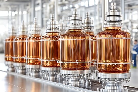 Row of industrial copper containers in manufacturing facility