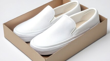 A stylish pair of slip-on shoes neatly packed in a cardboard shoebox with soft packaging