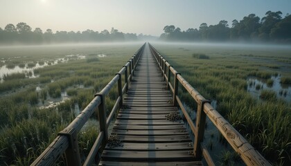 Obraz premium Serene Misty Morning on Wooden Pathway Through Lush Green Marshland