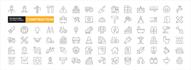 Set of 80 Construction line icons set. Construction outline icons with editable stroke collection. Includes Engineer, Construction Tools, Labour, Construction Vehicles, Villa, and More.