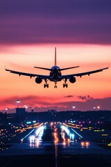 Jet plane landing at an airport at dusk