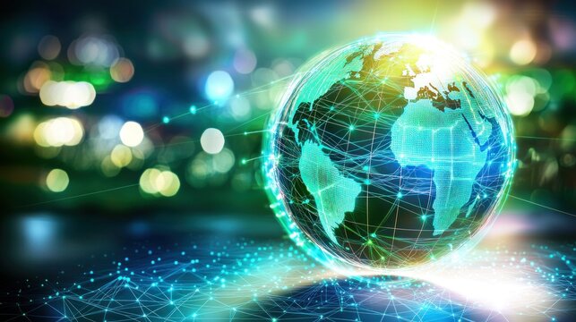 Glowing globe with network overlay on blurred city lights background