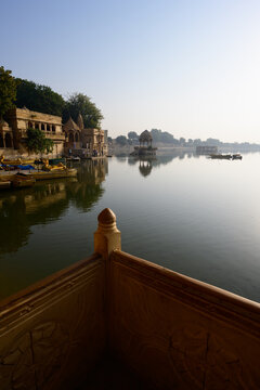 Gadisar Temple and Lake in Jaisalmer, Rajasthan, India with Chhatri Gazebo
