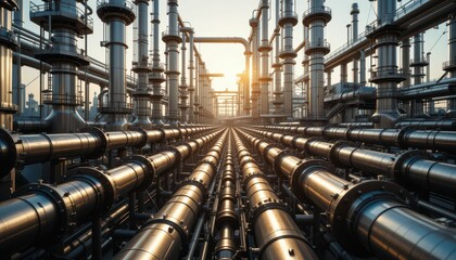 Industrial Pipelines in Oil Refinery at Sunset with City Background