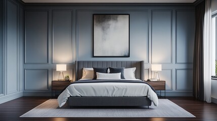 Fototapeta premium Elegant Neoclassical Bedroom with Modern Minimalist Design and Artistic Accents in 8K Ultra HD