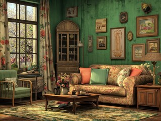 A cozy living room with floral furnishings and wooden accents