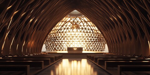Obraz premium Futuristic Wooden Lattice Church Interior with Arched Ceiling and Ambient Lighting