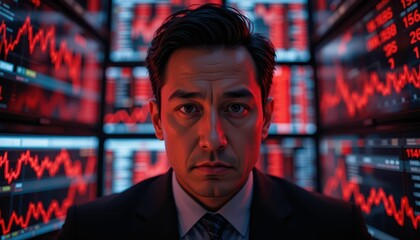 Obraz premium Businessman Analyzing Data Amidst Red Loss Graphs and Trends