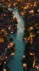 Obraz premium Breathtaking Aerial View of Luxurious Tropical Lagoon City at Sunset with Elegant Villas and Turquoise Canals