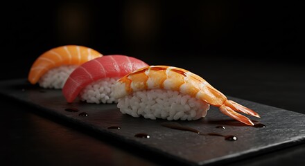 Sushi Nigiri with Salmon, Tuna, and Shrimp on Slate Plate