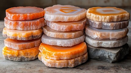 Beautifully stacked agate stones illuminated warm hues of sunset Evoking relaxation meditation and balance ideal for wellness mental health and mindfulness promotions with space for logos or messaging