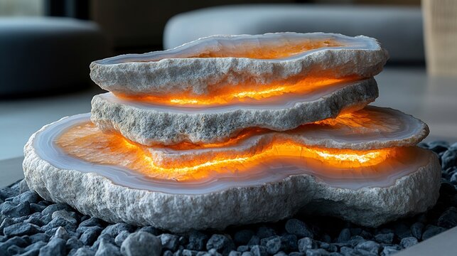 Beautifully stacked agate stones illuminated warm hues of sunset Evoking relaxation meditation and balance ideal for wellness mental health and mindfulness promotions with space for logos or messaging