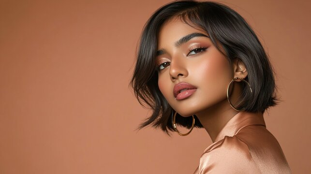 Stylish South Asian Woman with Smokey Eye Makeup, Glossy Lips, and Gold Hoop Earrings on a Warm Terracotta Background