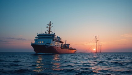 Obraz premium Sunset Scene with a Ship and Power Lines in the Ocean Horizon