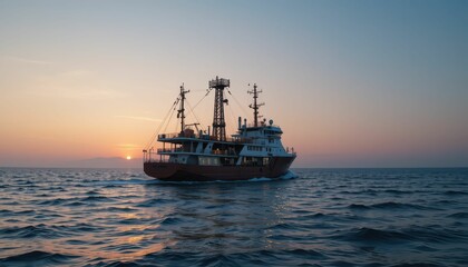 Obraz premium Ship Navigating Through Calm Waters at Sunset Horizon Scene