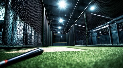 Immersive Indoor Baseball Batting Cage with Dynamic Lighting and Deep Perspective