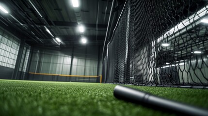 Immersive Indoor Baseball Batting Cage with Dramatic Lighting and Deep Perspective