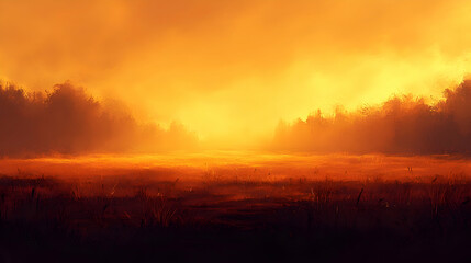 Fototapeta premium Fiery Sunrise Through Misty Forest