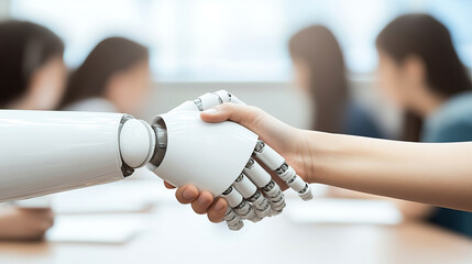 Human and robot handshake symbolizing collaboration and future technology in modern workplace