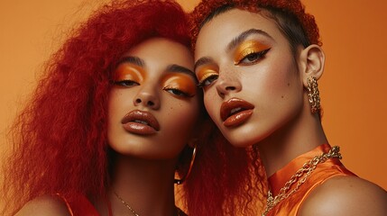 Bold Fashion Models with Fiery Red and Orange Hair, Glamorous Makeup, and Statement Gold Jewelry in High-End Editorial Shoot