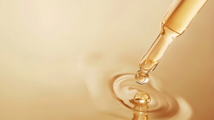 Pipette dripping golden liquid creating concentric ripples, serum, oil, or other skincare product