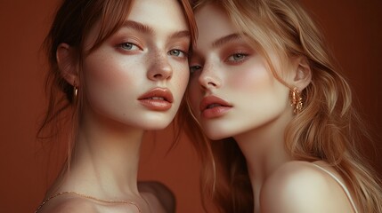 Obraz premium Elegant Young Women with Auburn and Blonde Hair in Luxurious Fashion Editorial with Warm Copper-Toned Makeup