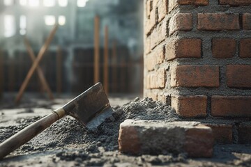 A detailed view of bricks and cement with a trowel resting beside them