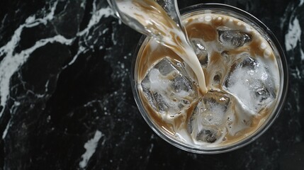 High-Speed Close-Up of Iced Latte Pouring Over Ice Cubes with Stunning Marbling Effect on Black Granite Table