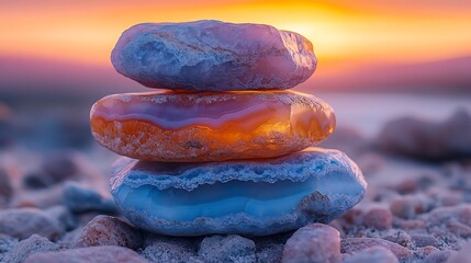 Close up of vibrant agate stones stacked against glowing sunset sky representing balance peace calming background wellness holistic health meditation focused advertisements space for text or branding