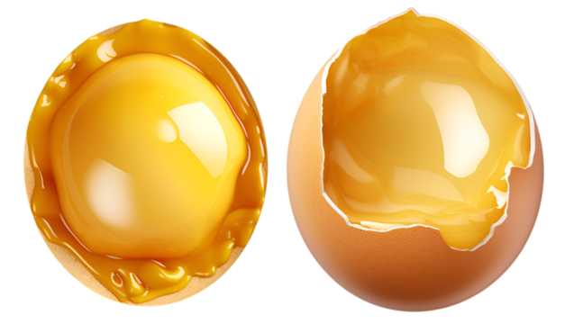 Close up of cracked egg with golden yolk and broken shell on transparent background