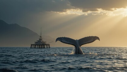 Fototapeta premium Majestic Whale Tail Emerging from Tranquil Ocean Waters at Sunset