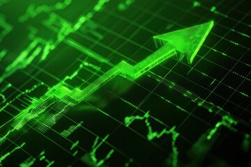 Obraz premium Upward trending green arrow with line charts overlaid on a screen