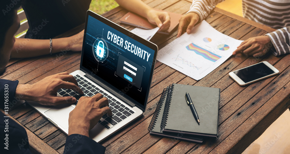 Poster cyber security system on computer screen protect private information snugly from hacker and cyber at