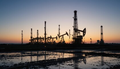 Obraz premium Oil Pumps Silhouette at Sunset Over Reflection in Water Puddle