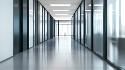 Empty corridor with glass walls leading to large window in modern office building