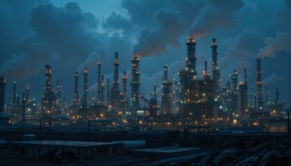 Obraz premium Evening Industrial Landscape with Smokestacks and Bright Lights