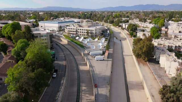 Aerial View of CBS Broadcasting Center with Satellite Dishes in Los Angeles