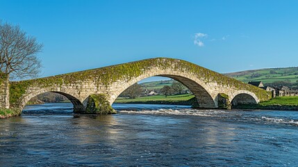 Stone bridge arches over river; moss on stones; clear blue sky overhead