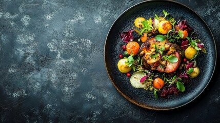 Beautifully plated gourmet dish with vibrant colors and rich textures, elegantly arranged on a rustic dark plate