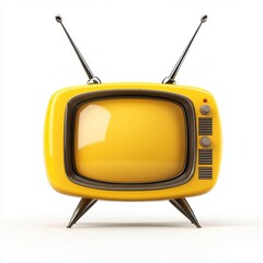 A vintage yellow television with rabbit ear antennas, set against a plain white background, This playful design can be used for retro-themed projects, advertisements, or nostalgia-related content,