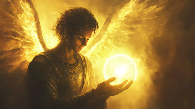 A serene illustration of archangel uriel holding glowing orb, radiating warmth and light. Ethereal Light. Illustration