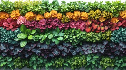 Vibrant vertical arrangement of colorful artificial plants showcasing various textures and hues