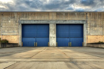 Fototapeta premium Blue hangar doors under stormy skies, concrete ground