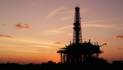 Obraz premium Silhouette of an Oil Rig Against a Vibrant Sunset Sky