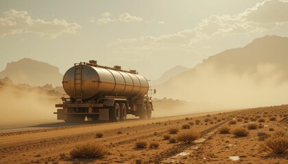 Truck Transporting Liquid Cargo Across Dusty Desert Landscape