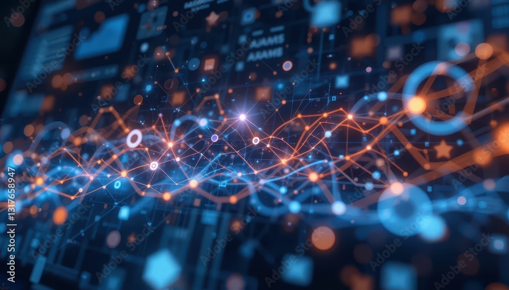 Poster abstract data visualization with colorful lines and dots in digital space