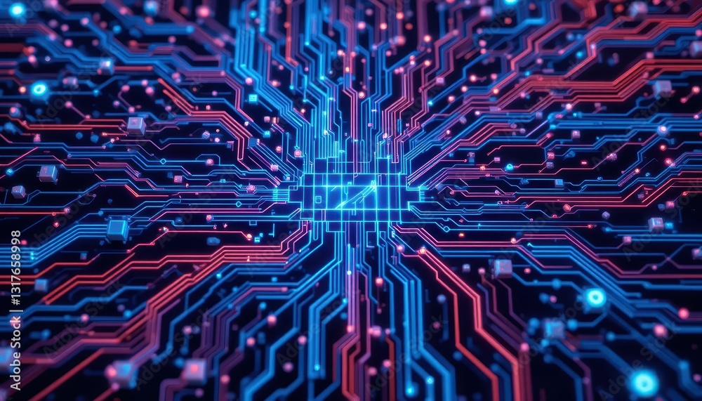 Poster abstract digital circuit board pattern with glowing lines and nodes