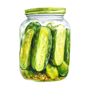 recommend clip art: Pickled cucumbers in a jar, a watercolor illustration on a white background